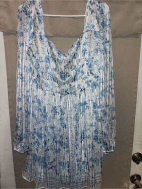 Altar'd State White and Light Blue Floral Pleated Midi Dress